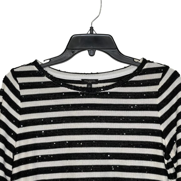 Talbots Petites T-Shirt Top Size Small Petite‎ Black White Sequin Striped Womens - Picture 1 of 7